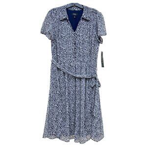 Size 18W - MSK Women - Navy Polka Dot Button Midi Dress Tie Front Lining NEW